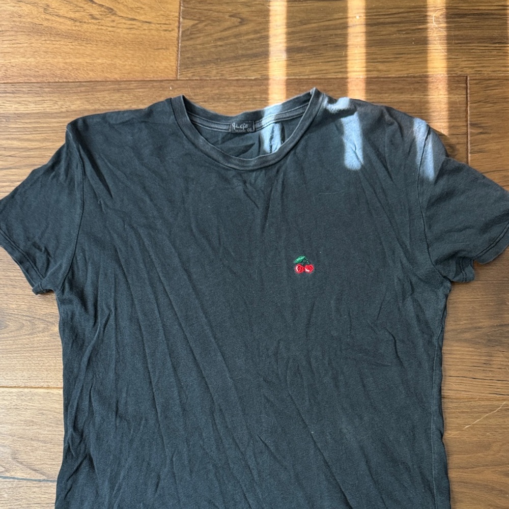 Brandy Melville Black Short Sleeve Tee with Red Cherry Embroidery